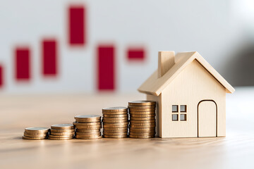 Savings for a house: stacks of coins ascend towards a miniature wooden home against a background with descending red bars, hinting at financial planning.