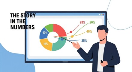 Man points to donut chart and growth lines on screen with text the story in the numbers business finance
