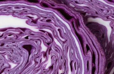 Obraz premium Purple cabbage close-up. Rough outer layer with irregular shapes visible. Tilted to right, clear view of interior. Light beige background, vibrant purple cabbage stands out.