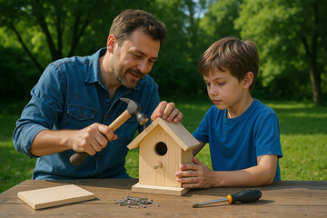 Father and son happily building wooden birdhouse together in sunny day