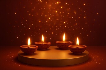 Diwali Oil Lamps on Golden Podium with Sparkling Lights