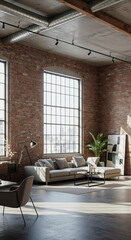 Bright, minimalist modern loft living room with exposed brick and natural light
