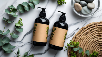 Elegant Flat Lay Herbal Shampoo & Conditioner Set | Black Bottles with Kraft Labels | Natural Spa-Inspired Beauty Mockup