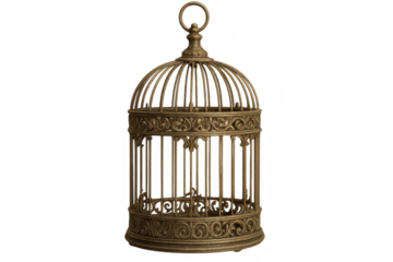 Golden empty birdcage with ornate design, isolated on transparent background, representing freedom and captivity