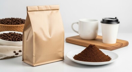Coffee beans, ground coffee, and cups for a morning beverage
