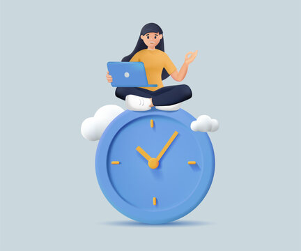 Freelancer with flexible working hours, 3D render vector illustration. Working from home concept, business woman working with laptop while doing yoga or meditation on clock face. Work life balance