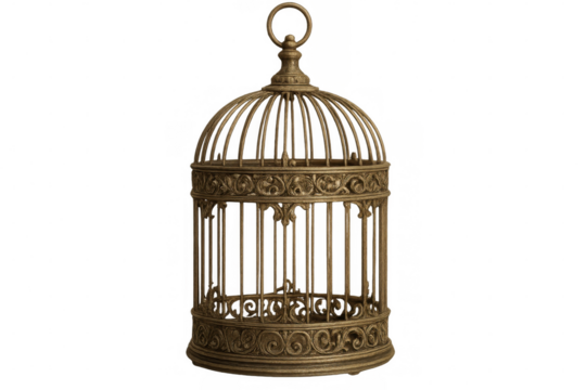 Golden empty birdcage with ornate design, isolated on transparent background, representing freedom and captivity