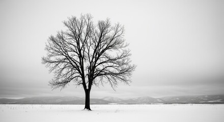 A solitary bare tree stands in a vast snowy field under a cloudy sky