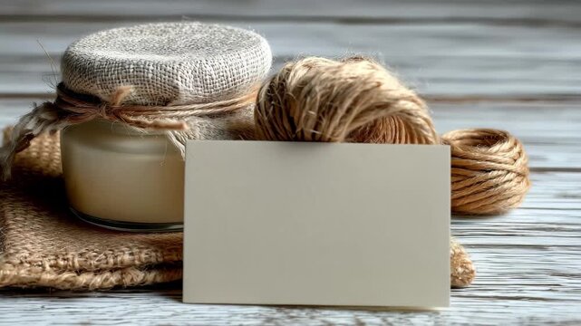 Cream jar burlap twine blank card rustic background, 4k video footage