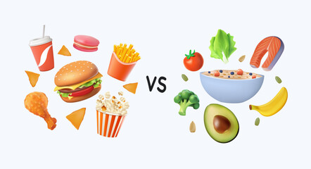 Healthy vs unhealthy food 3D render vector illustration. Concept of choice between good and bad nutrition. Fastfood, sweet and fat eating versus balanced product set. Colored vector illustration