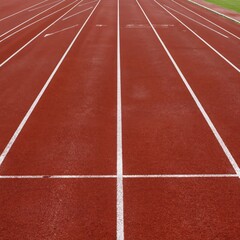 Fototapeta premium Red running track marked by white lines at sport competition. Artificial grass background. Single lane with flat surface, even spacing. Low angle view with extended distance.