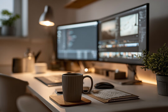 A cozy, illuminated desk setup featuring dual monitors, a stylish keyboard, and warm beverages, perfect for late-night productivity or creative pursuits in a modern home office environment.

