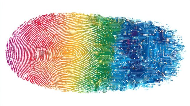 Colorful fingerprint with circuit board overlay