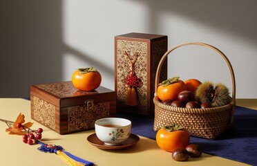 한복과 추석 설날 한가위 명절 배경 이미지