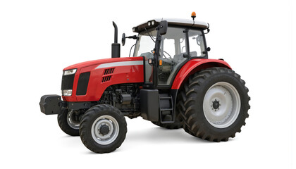 Red tractor with black engine moves on gray background. Four-wheeled farm vehicle in motion, black tires. Speed and movement indicated by blurred effect.