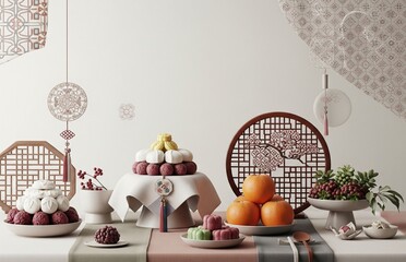 한복과 추석 설날 한가위 명절 배경 이미지