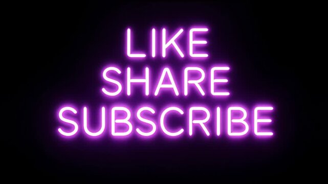 Purple neon sign urging viewers to like, share, and subscribe to a channel or page.