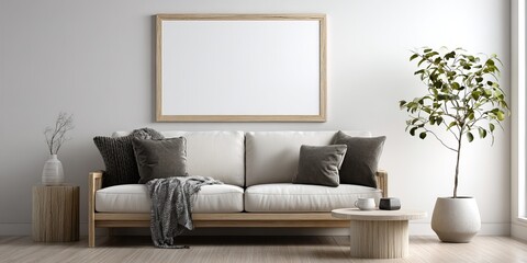 horizontal wall poster mockup in a modern Scandinavian living room, white walls, wooden frame, neutral furniture, soft daylight, editable smart object space