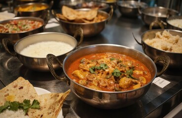 Indian buffet dishes in metal bowls on gray countertop. Curry-like dish with golden-brown crust. Rice bowl with small plant on top, noodles in third bowl. Neatly arranged food items in designated
