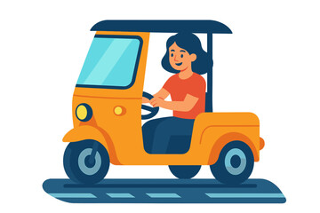 Fototapeta premium A young woman is shown driving an orange auto rickshaw set against a city backdrop