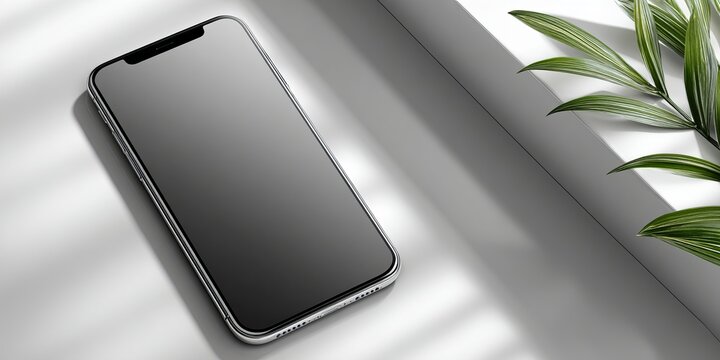 flat lay of a smartphone on a clean surface with shadows, editable screen interface placeholder, minimal tech presentation layout