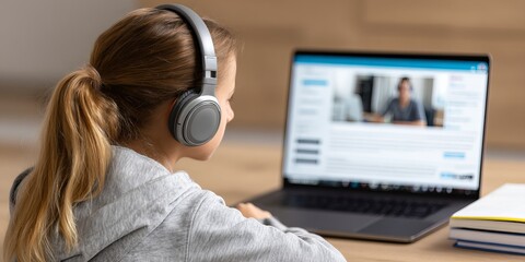 student learning remotely on a laptop, virtual class interface on screen, sitting at desk with books, headphones on, digital education theme