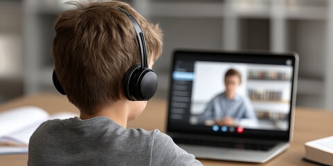 student learning remotely on a laptop, virtual class interface on screen, sitting at desk with books, headphones on, digital education theme