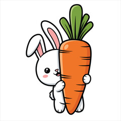 Cute Cartoon Bunny Rabbit Hiding Behind Big Carrot Vector Illustration for Kids and Nursery Designs