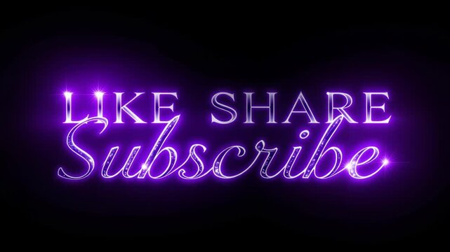 Glowing purple "Like, Share, Subscribe" text with sparkling effect.