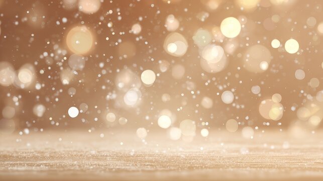 Soft bokeh light particles floating over warm beige textured background