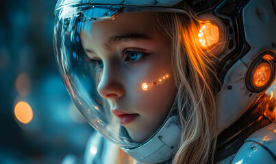 Close-up of young girl wearing futuristic astronaut helmet with glowing interface lights, space exploration concept with children, detailed sci-fi portrait