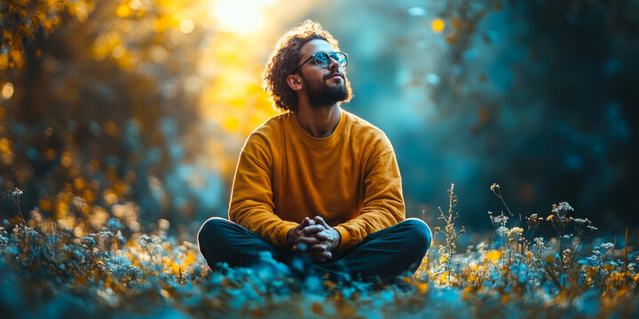 Man meditating outdoors in nature during golden hour with relaxed expression wearing glasses and yellow sweater sitting cross legged on grass surrounded by wildflowers and blurred background