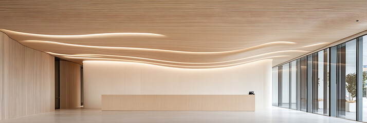 Modern lobby with wave ceiling and natural light. Clean, contemporary design for reception. Minimalist interior with spacious atmosphere.