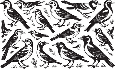Black and white illustration of various birds and foliage vector