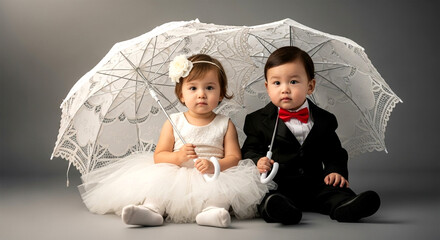 Adorable children dressed in formal attire under an elegant white umbrella.