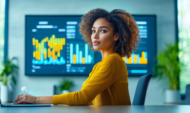 Businesswoman analyzing digital charts and data visualizations on large screen in modern office environment for strategic decision making and data analytics - Powered by Adobe