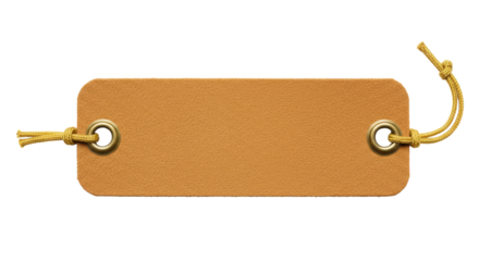 Horizontal rectangular blank tag of light brown/caramel suede or worn leather, rounded corners, oval eyelets with golden rope loops, isolated against transparent studio background with copy space.