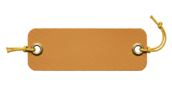 Horizontal rectangular blank tag of light brown/caramel suede or worn leather, rounded corners, oval eyelets with golden rope loops, isolated against transparent studio background with copy space.