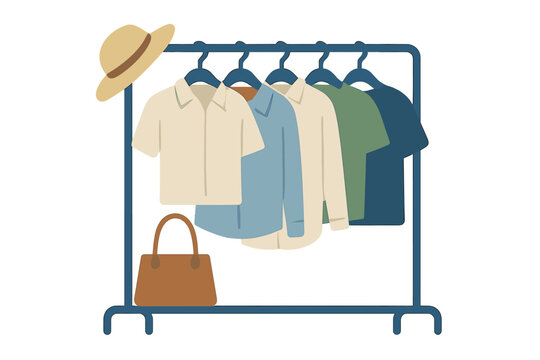Flat color vector object of a clothes rack, representing a woman's wardrobe