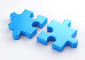 Obraz premium Two shiny blue puzzle pieces almost connecting on white background jigsaw connection