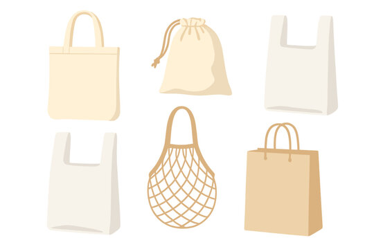 A reusable eco-friendly shopping bag filled with vegetables, fruits, and healthy drinks, along with dairy products, promoting a zero-waste and plastic-free lifestyle through a flat and trendy design