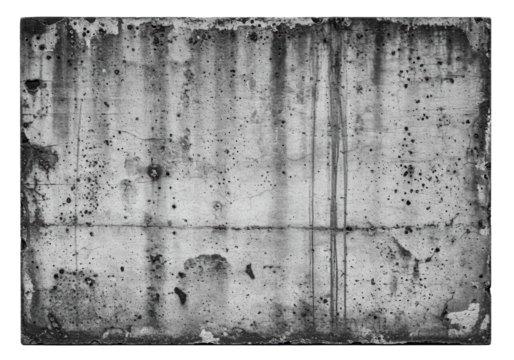Distressed, weathered concrete wall texture, rough grain, dark specks, vertical streaks, isolated on transparent background, ultra-realistic black and white close-up, high contrast, grunge