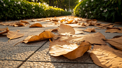Autumn foliage covers a paved path, sunlight casting shadows among the fallen leaves, evoking seasonal transition and nature's cycle.