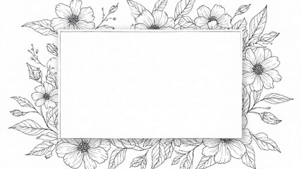 A white rectangle is surrounded by floral illustrations of leaves buds and various flower shapes all in a black ink line style - Powered by Adobe