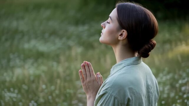 Woman finds serenity in nature, practicing peaceful meditation outdoors.