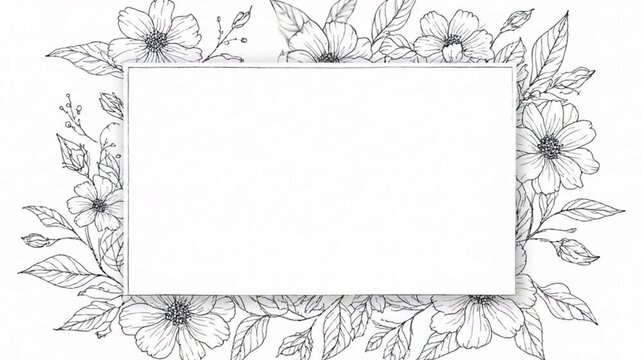 A white rectangle is surrounded by floral illustrations of leaves buds and various flower shapes all in a black ink line style