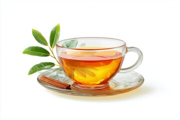 Sri Lankan sweet tea in a transparent cup with cinnamon and leaves on a simple white background