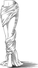 CAD drawing flat vector illustration of draped fabric over human legs, black and white fashion design, minimalist art, garment sketch