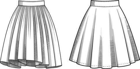 CAD drawing flat vector illustration of skirt pattern designs, high-low hem, circle skirt layout, apparel sketch, fashion template