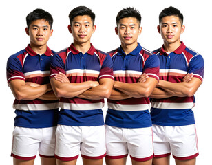 Four rugby players standing with their arms crossed, wearing blue and maroon striped